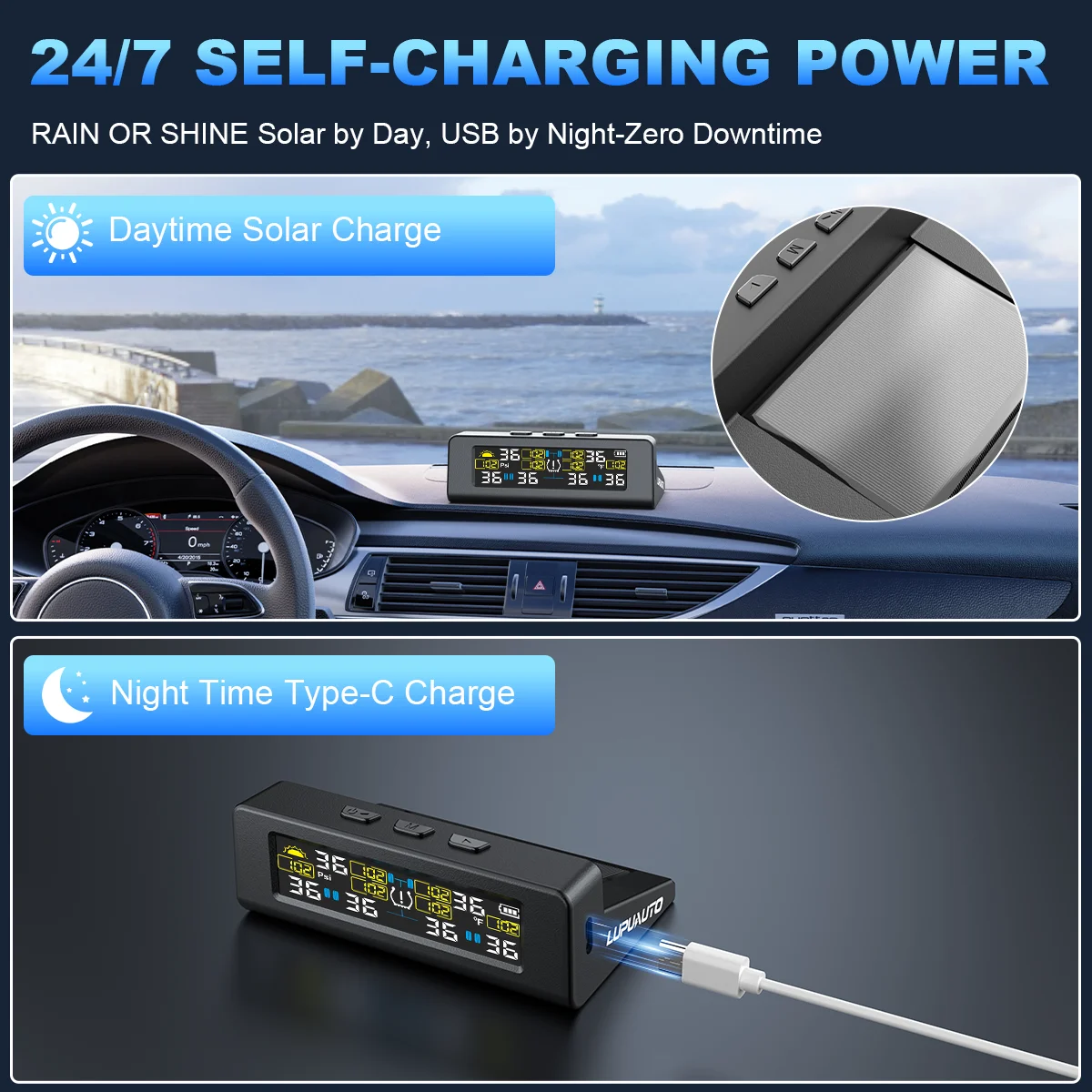 Solar TPMS Car Tire Pressure Alarm Digital Colorful Display 6 External Sensors Waterproof Tire Pressure Temperature Warning