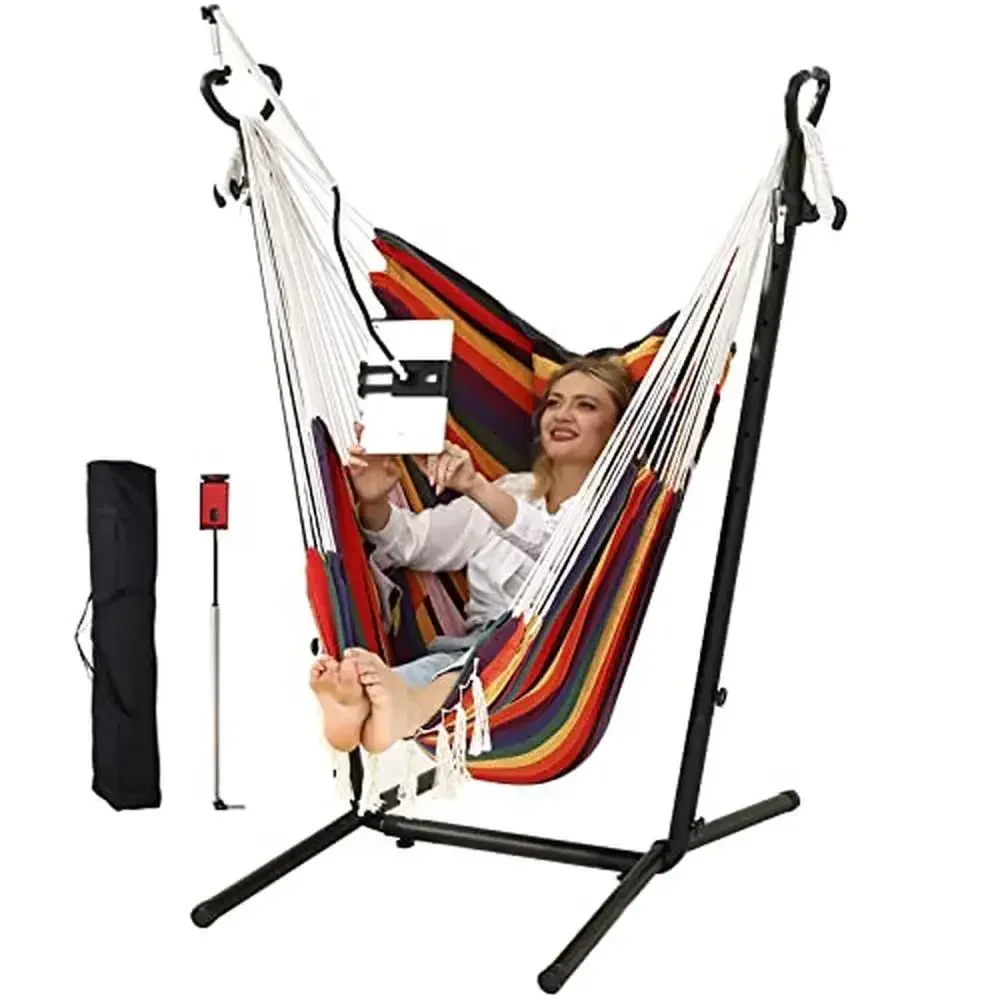 

Double Hammock Chair with Stand Bohemian Style & Tassel Phone Holder Manual Adjustable Swing Indoors & Outdoors Comfortable