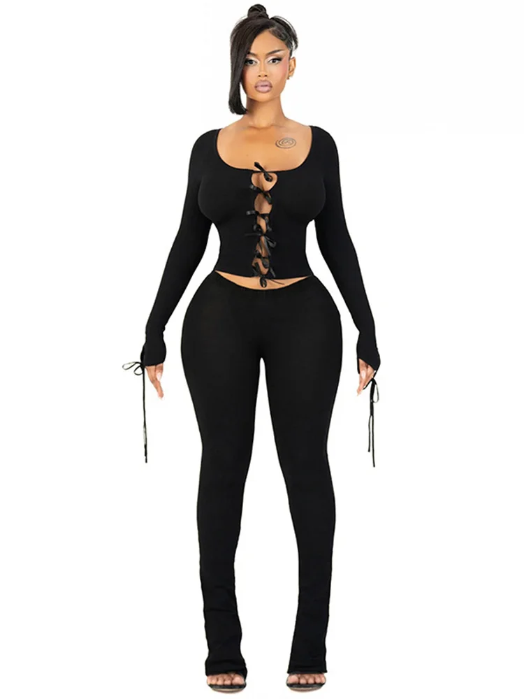 

Bow Lace-Up 2 Piece Set Women Square Collar Hollow Full Sleeve Crop Tops +Skinny Pants Matching Hottie Hipster Suits