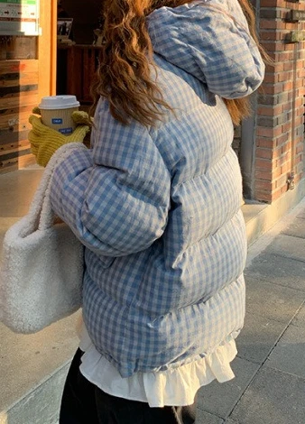 2025 Nueva chaqueta de pan a cuadros azul con capucha, abrigo de invierno, Chaqueta corta de algodón para mujer