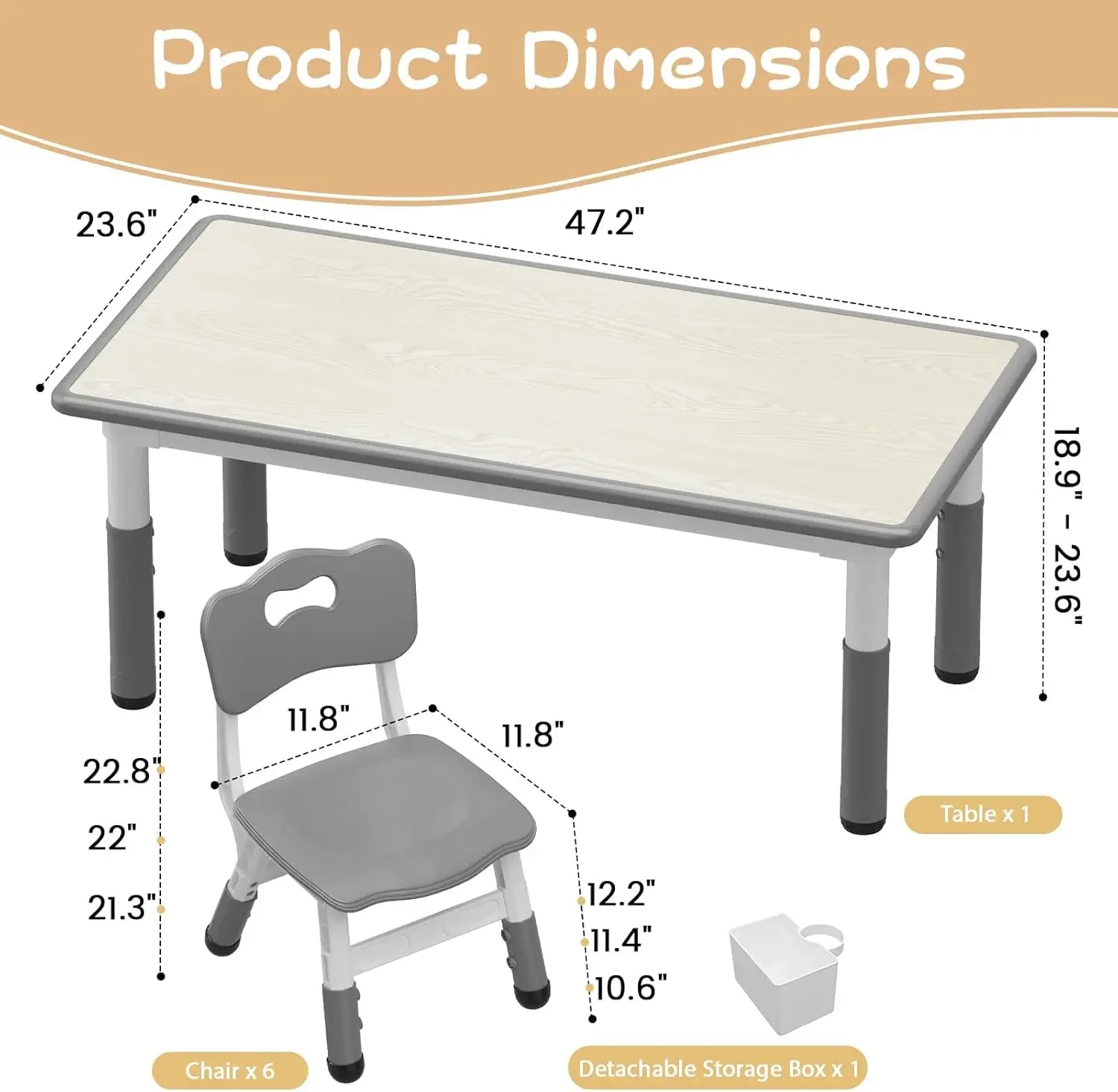 Conjunto de mesa infantil e 6 cadeiras com caixa de armazenamento, conjunto de mesa e cadeira para crianças com altura ajustável para idades de 2 a 10 anos, graffiti