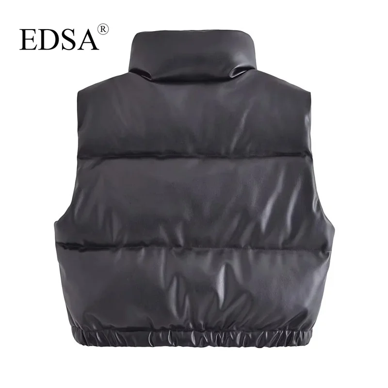 EDSA Women Black Faux Leather Padded Waistcoat for Autumn Winter Thick Warm PU Vest Jacket Chic Fashion Clothes Tops Outerwear