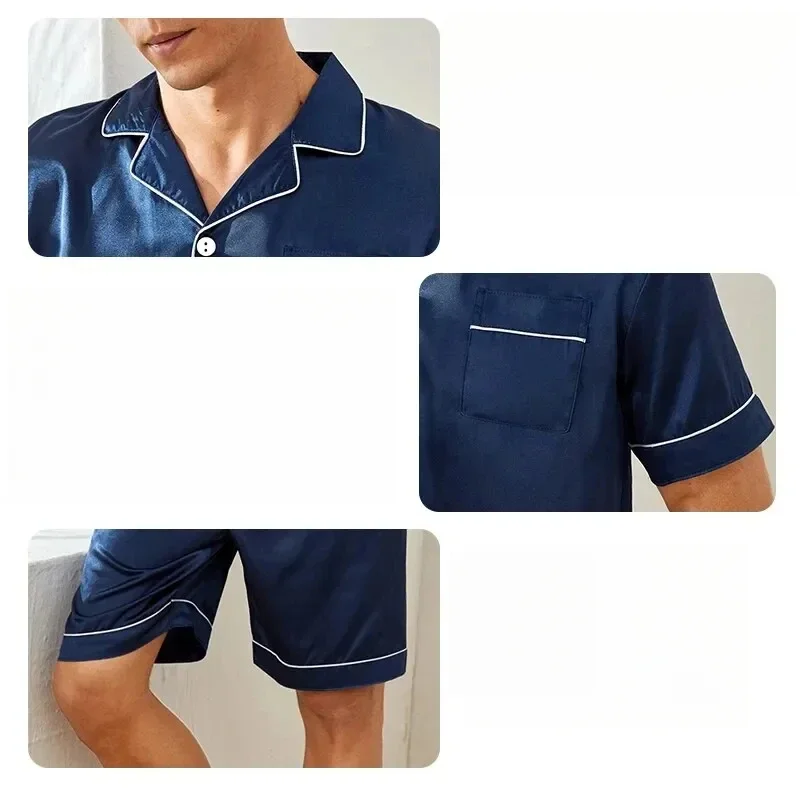 ผู้ชายชุดนอนผ้าซาตินชุดฤดูร้อนชุดนอนสบายๆปุ่มกระเป๋าเสื้อแขนสั้นกางเกงขาสั้นชุดนอนสบายๆผู้ชายชุดนอนสองชิ้น