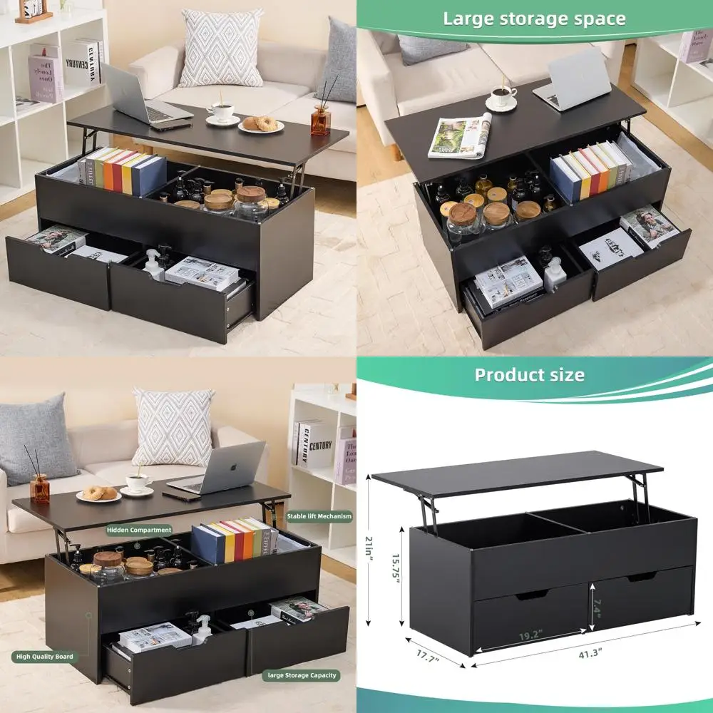 41.3 Inch Lift-Top Coffee Table with Storage Drawers and Hidden Compartment, Dining Table with Open Storage Shelf