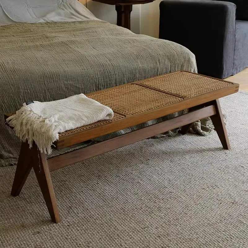 Style Solid Wood Bench with Rattan Veneer Tenon and Mortise Joint Living Room Entrance Shoe Changing Stool Bedside