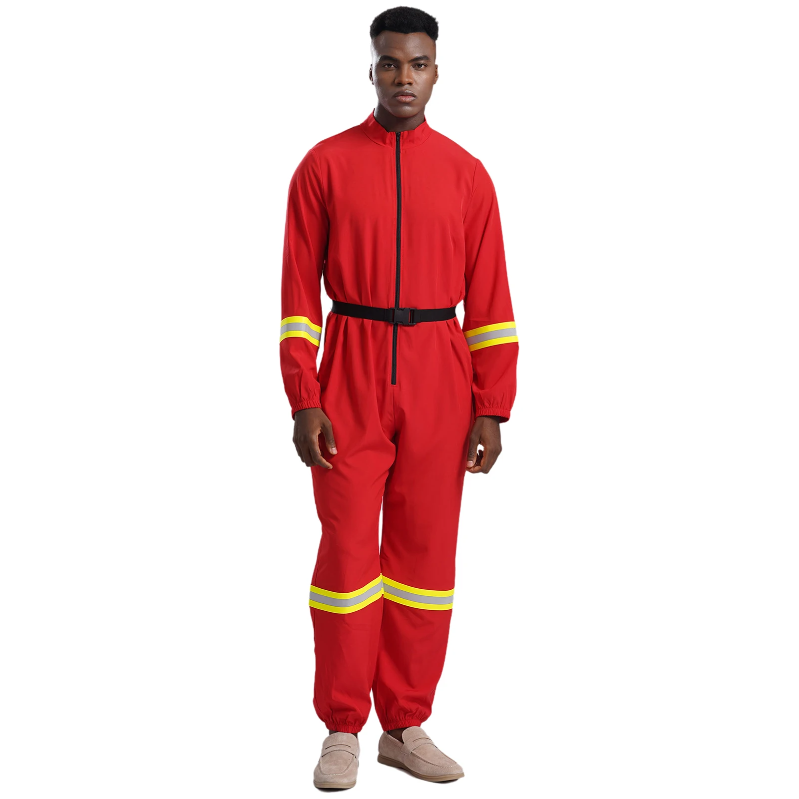 Men Halloween Theme Party Firefighter Fireman Cosplay Romper with Belt Long Sleeve Jumpsuit Front Zipper Bodysuit