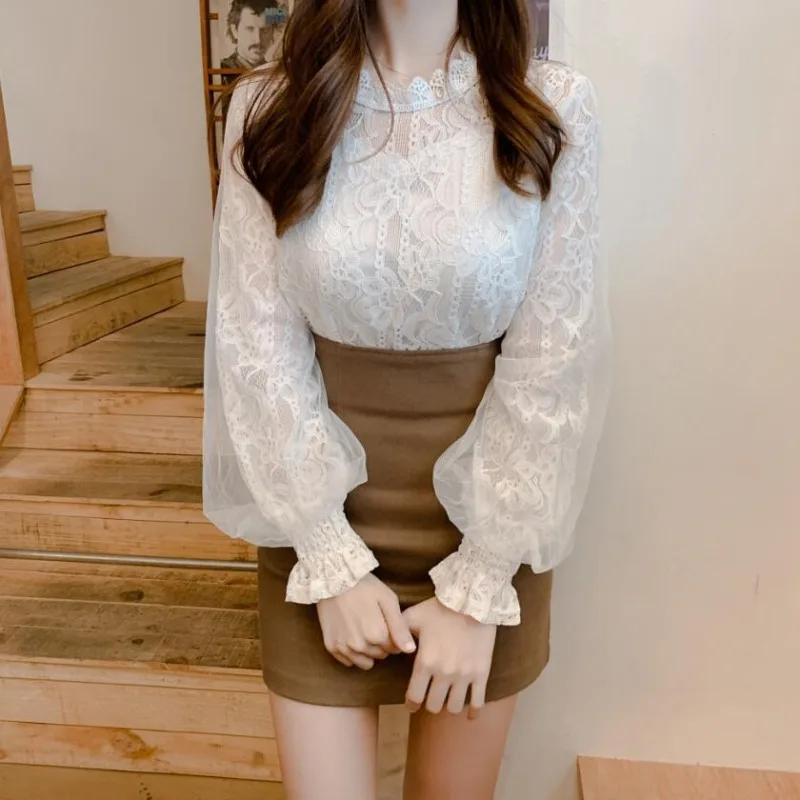 Spring Women White Lace Blouse Shirt Long Sleeve Blouse Femme Women Tops Shirts hollow out womens bouses shirts tops