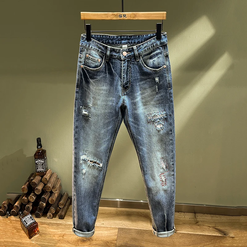 Calça jeans reta Y2K masculina, patches finos bordados, calça casual, calça elástica, estilo japonês dos anos 2000