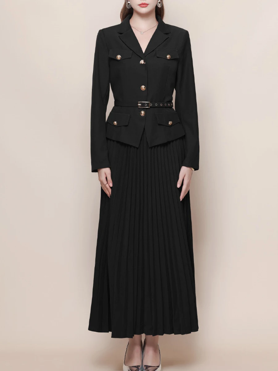 Vgh emagrecimento sólido conjuntos de duas peças para mulheres com decote em v manga longa superior cintura alta saia drapeada casual conjunto de viagem moda feminina nova