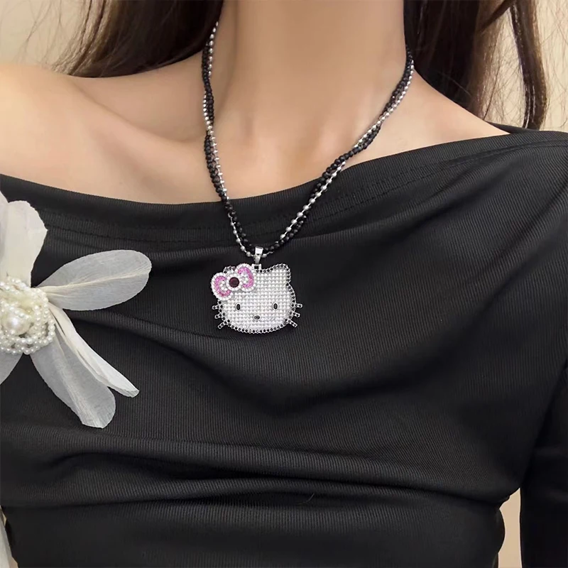 Hello Kitty Sweet Double Layered Crystal Chain Full Zirconia Pendant Necklace Millennium Style Cool Spicy Girl Clavicle Chain