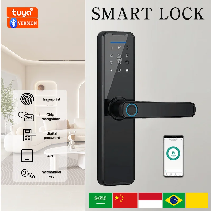 PHIPULO Tuya Digital Electronic Lock Smart Door Lock Smart Home Wooden Door Lock Biometric Fingerprint Lock Keyless Unlock