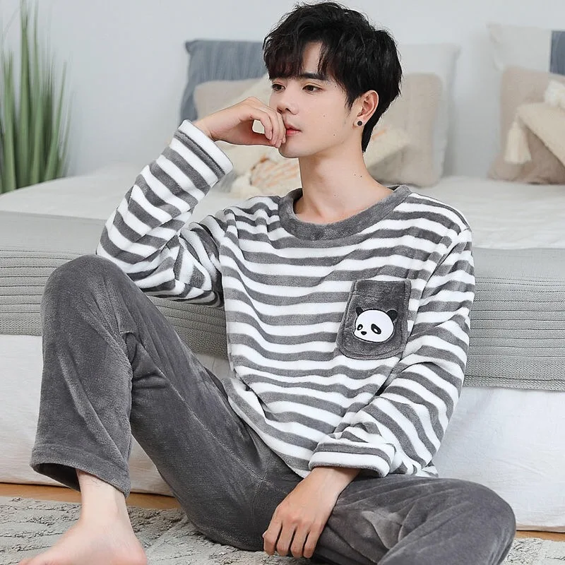 Autumn Winter New Coral Fleece Pajamas for Man Round Neck Long Sleeve Lounge Sets Man 2 Piece Fashion Printing Home Suit for Man