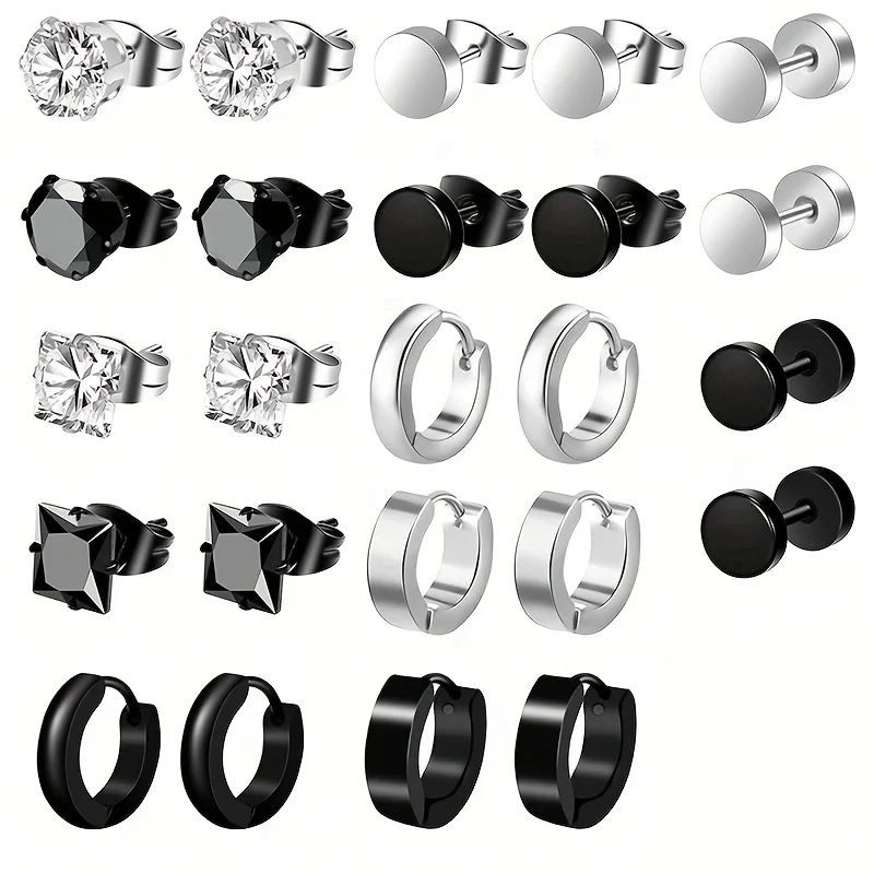 

24pcs/32pcs Set Fashion Punk Creative Trendy Stainless Steel Geometric CZ Stud & Circle Hoop Earrings for Men Women Daily Wear