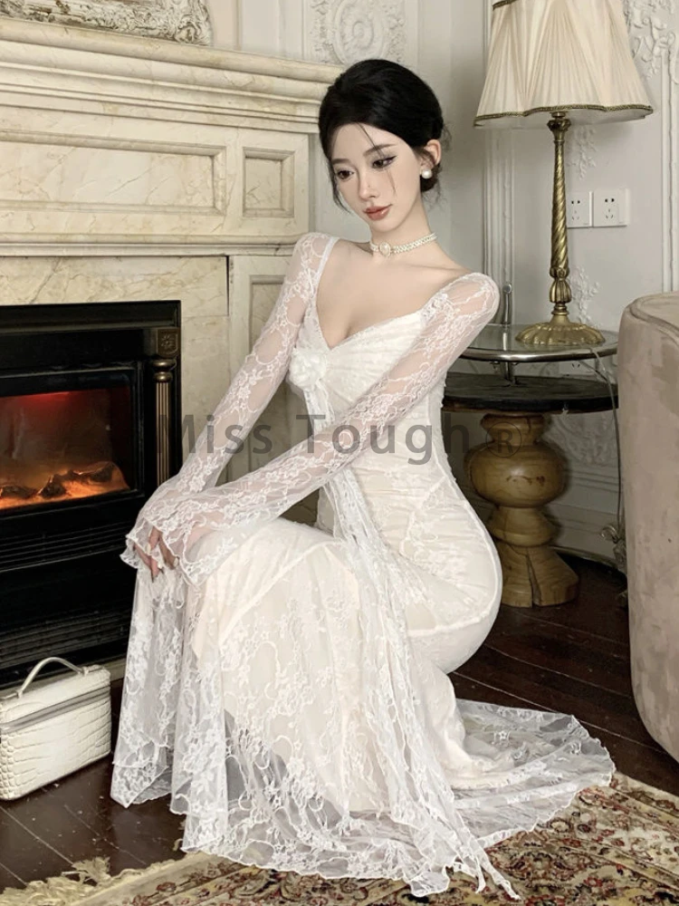 女性の黒いレースのパッチワークドレス,長いウエディングドレス,ダークアカデミア,セクシー,スリム,イブニングドレス,韓国のファッションデザイン,フェスティバル,y2k