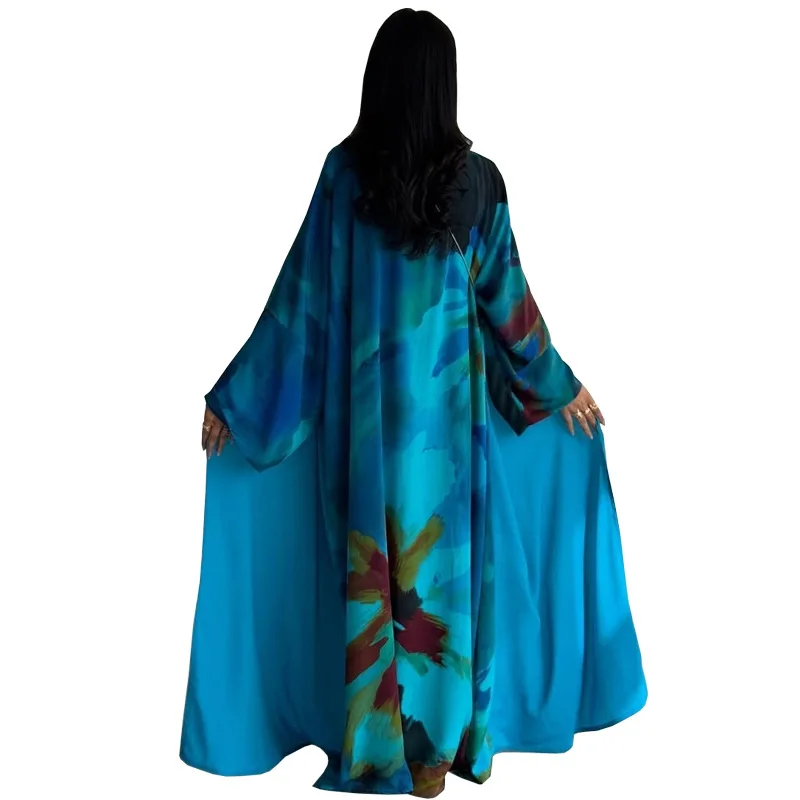 Taille unique Musilm femmes moyen-orient nouveau Cardigan Robe avec foulard deux pièces en mousseline de soie imprimé avec manteau Abaya