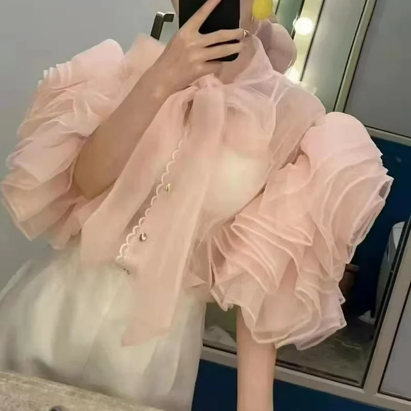 Bandage Butterfly Collar Solid Color Blouses Vintage Blusas Mujer De Moda 2023 Ruffles Patchwork Single-breasted Vintage Shirts