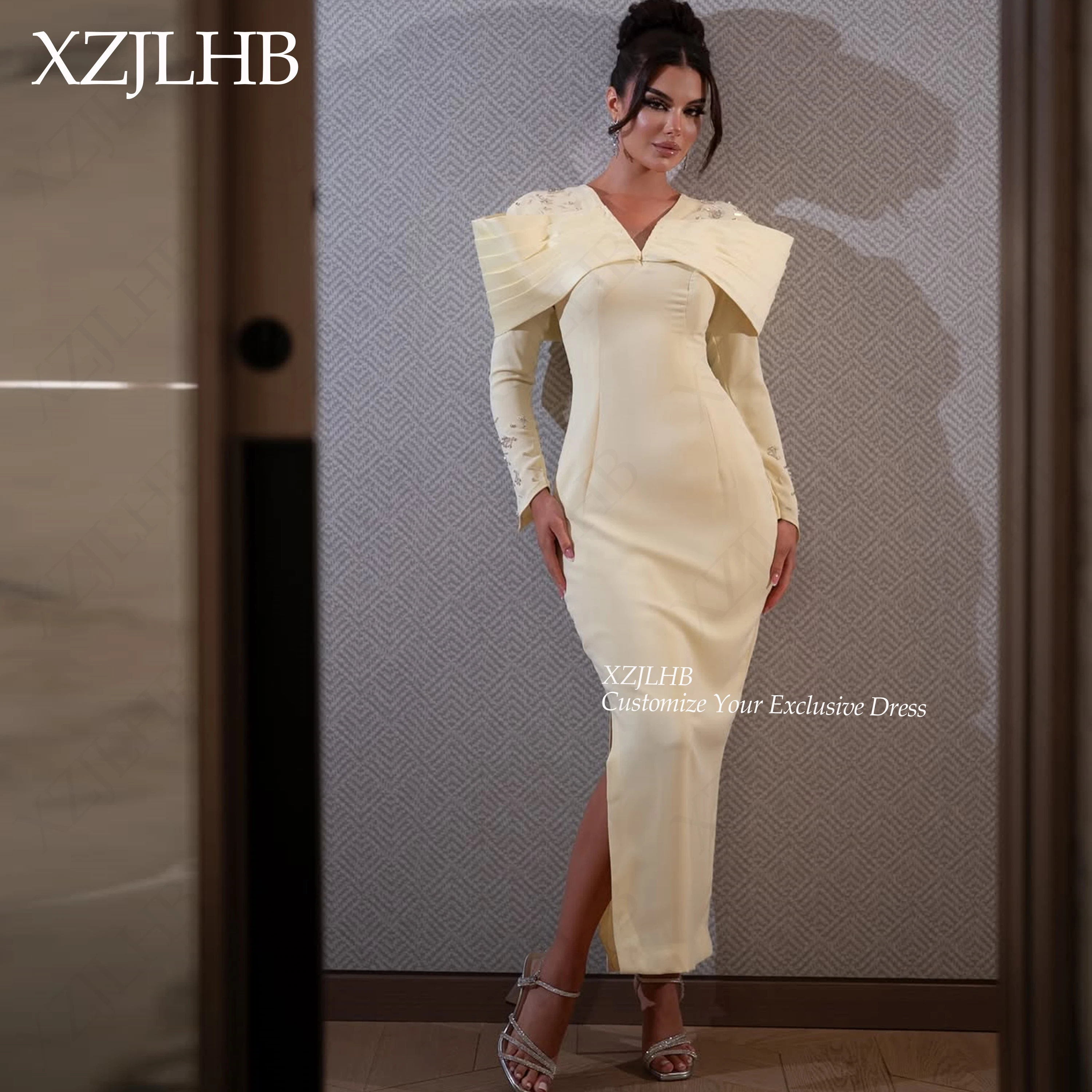 XZJLHB Vestido de gala de satén suave, cuello en V, mangas largas y raja. Vestido femenino elegante a medida, corte sirena con bordado y plisado. Ideal para madrina, baile de graduación o concurso de belleza.