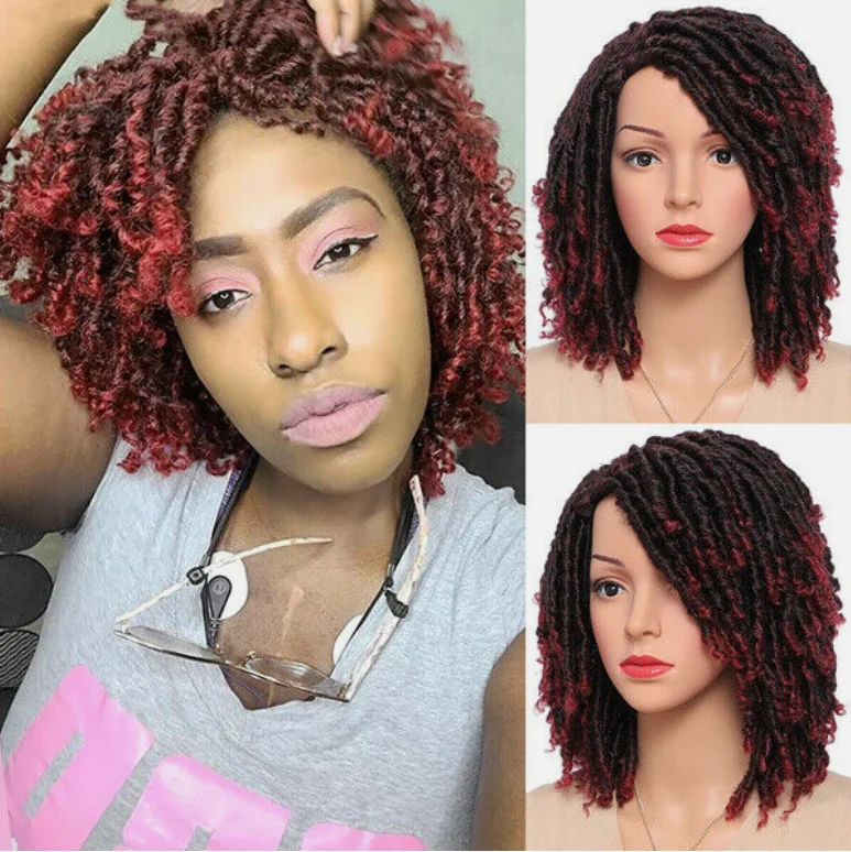 Women Short Ombre Burg Dreadlock Braid Twist Wig Fashion Synthetic Hair Soft Wig