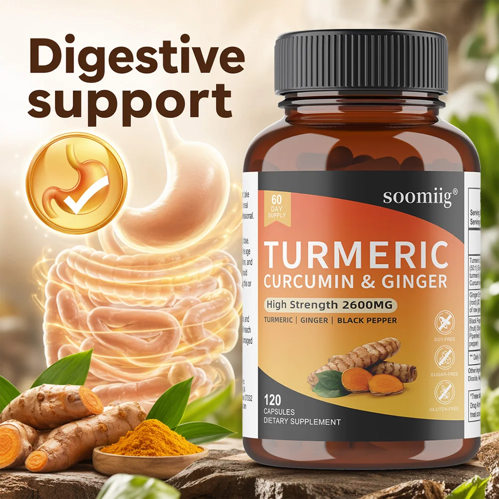 Cápsulas de Cúrcuma, Jengibre y Pimienta Negra, Antioxidante, Comodidad Articular, Apoyo al Bienestar Digestivo e Inmunológico, 30/60/120 Cápsulas