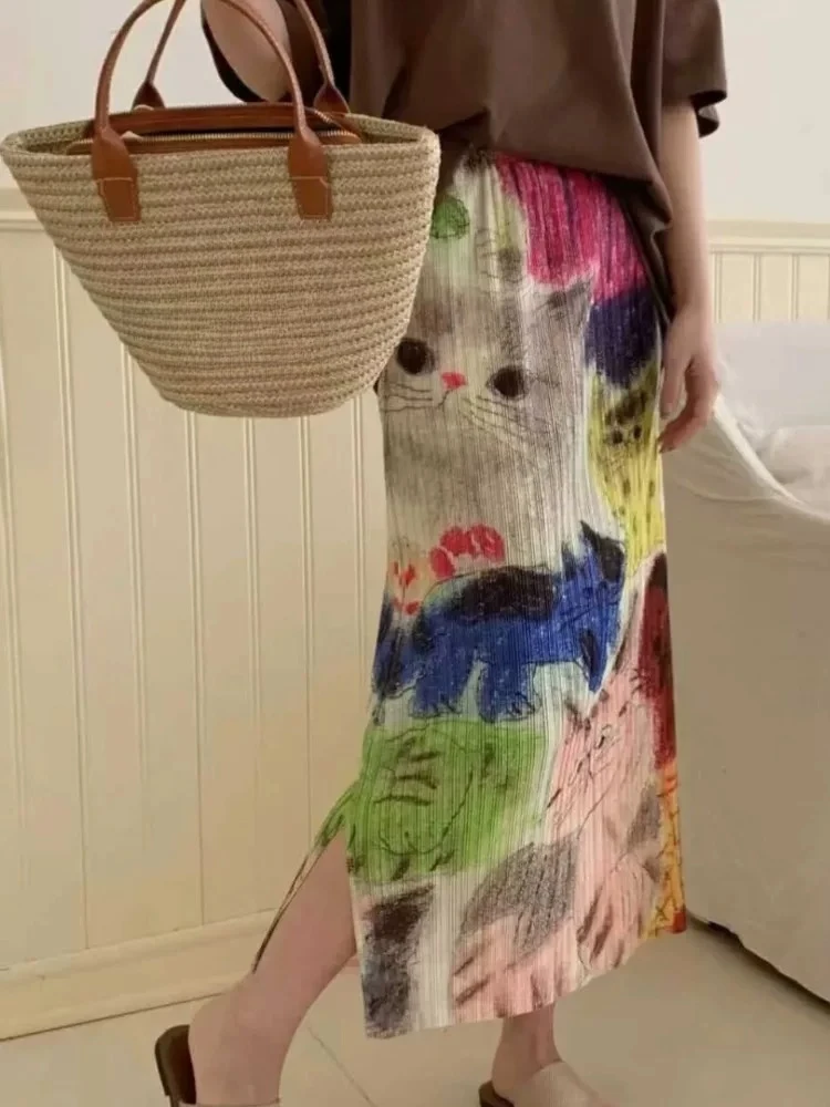 Vintage Cartoon Printing Jupe Chic Korean Split Skirts For Women's 2026 Faldas Mujer De Moda Summer Pleated Skirt