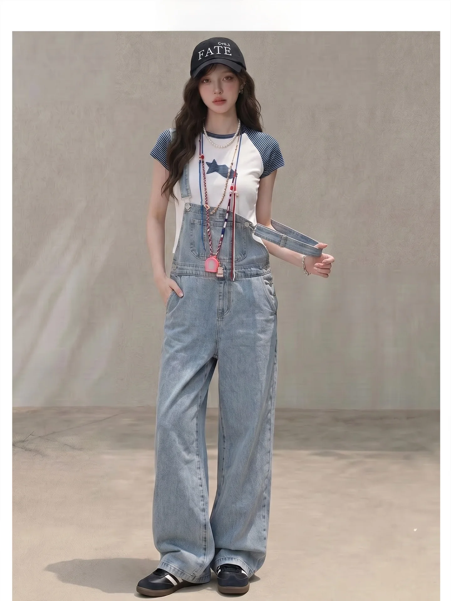 Summer New Women's Loose Wide Leg Denim Overalls Forever 21 American High Street Light Blue Strap Pants Dungarees