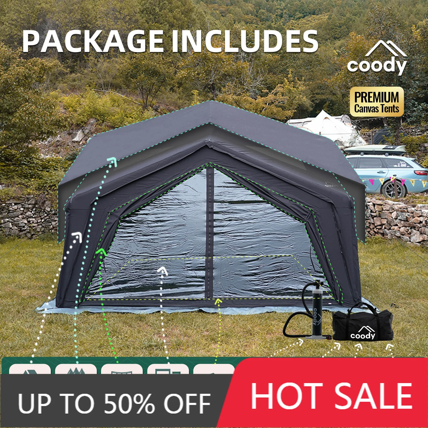 Coody Hub Station Black Canvas Air Tent Unique Luxury Portable Inflatable Shelter For 3-5 People Camping