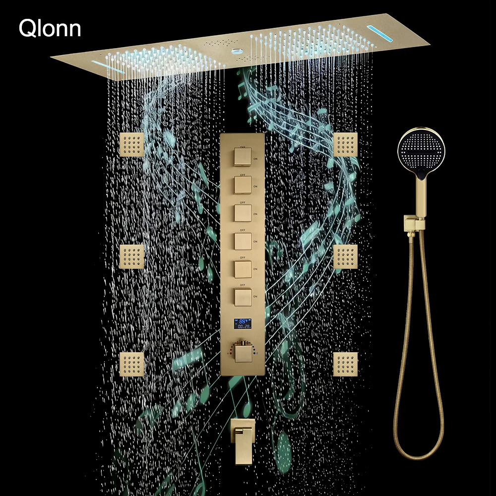 Ensemble de douche intelligent Qlonn pour salle de bain, avec LED et musique intégrées au plafond, pommeau de douche 900*300mm, thermostat, robinet de régulation de débit et 6 jets latéraux