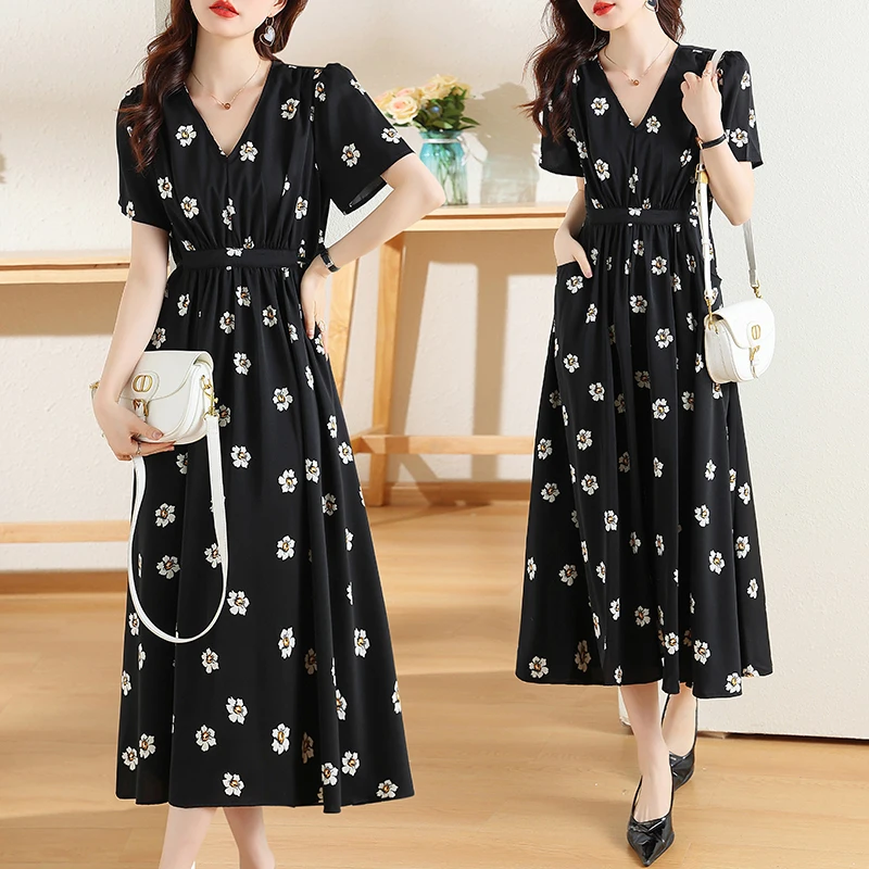 

Leisure Retro Black V-Neck Florals All Match Slim Sexy Prom Femme Chic Gentle Printing Flowers Streetwear Long Dresses Vestidos