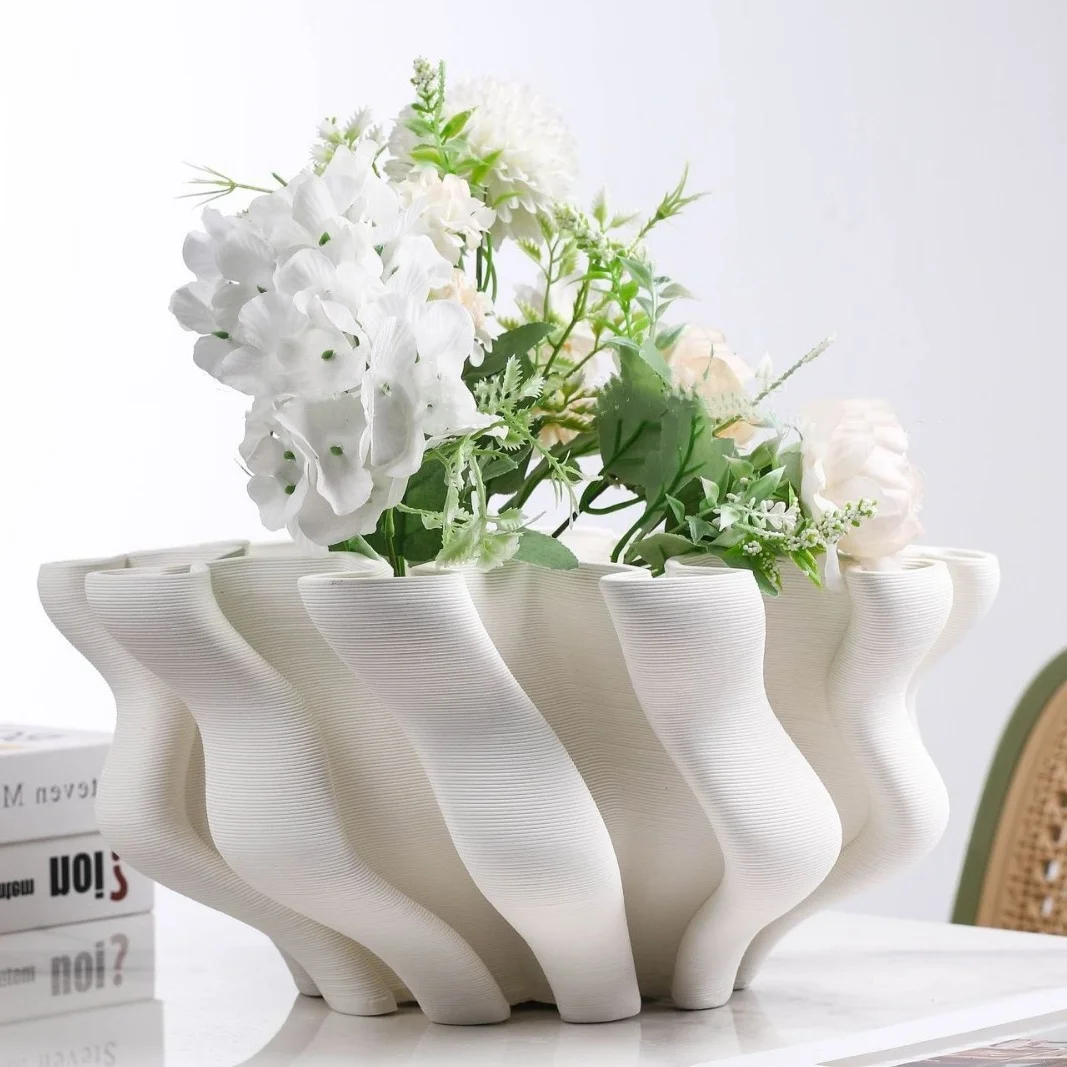 White Three-dimensional Ceramic Vase Origami Pleated Flower Pot Abstract Flower Vase Flowerpot Home Decoration Accessories