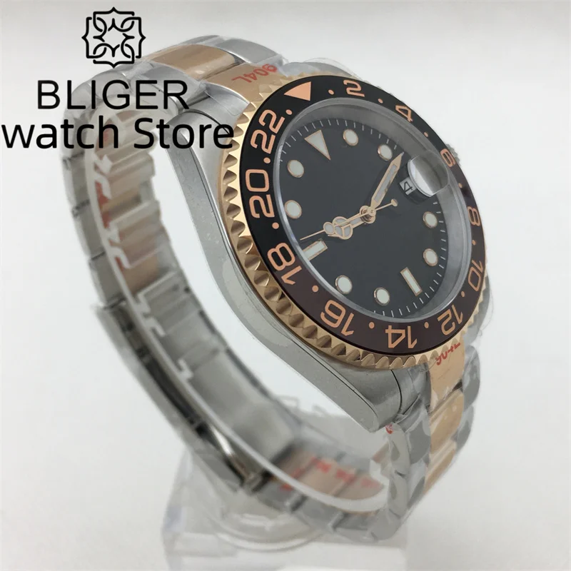 BLIGER-Montre Mécanique Nologo pour Homme, Bracelet Oyster Or Rose, Insert Céramique, Deux Tons, NH35A MIYOTA 8215, PT5000, 24 Bijoux