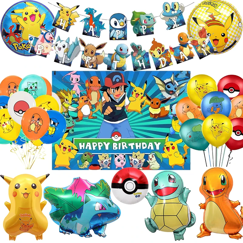 Pokemon Birthday Party Decoration Pikachu Balloon Disposable Tableware Backdrop Banner Cake Topper Baby Shower