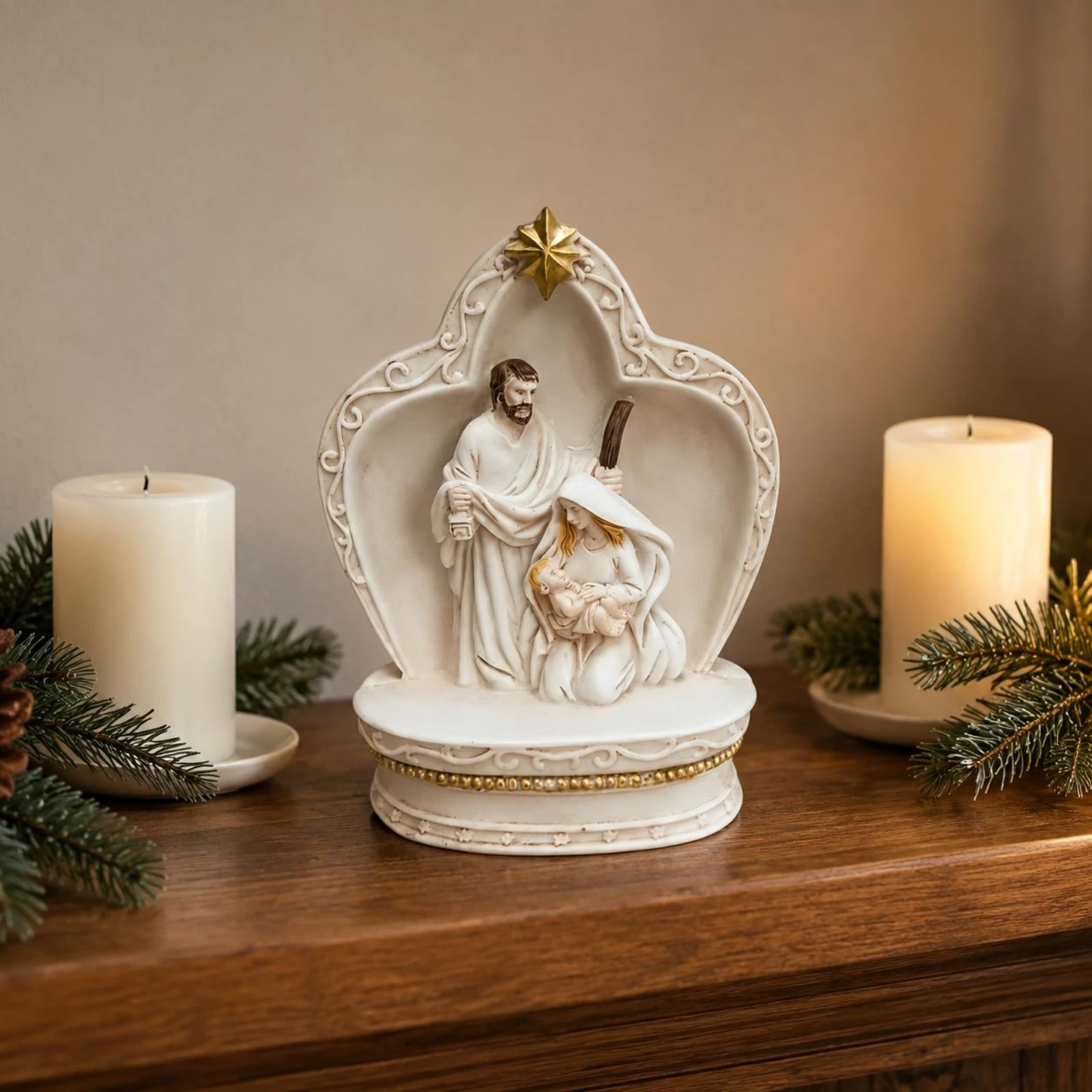 Church Arch Nativity Beaded Trim Tabletop Nativity Display Holy Family Figurines Compact Holiday Decor Traditional