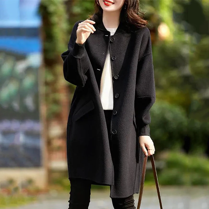 Oversized 80kg Woolen Bomber Jackets Fall Winter Warm Casual Abrigos Black Mid-length Women Casacos Thick Loose Wool Blend Coats