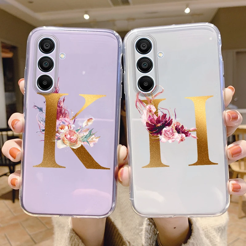 Flower Gold Letter Case For Samsung Galaxy M35 5G Phone Cover Alphabet Soft TPU Transparent Funda For Samsung M 35 Bumper Shell