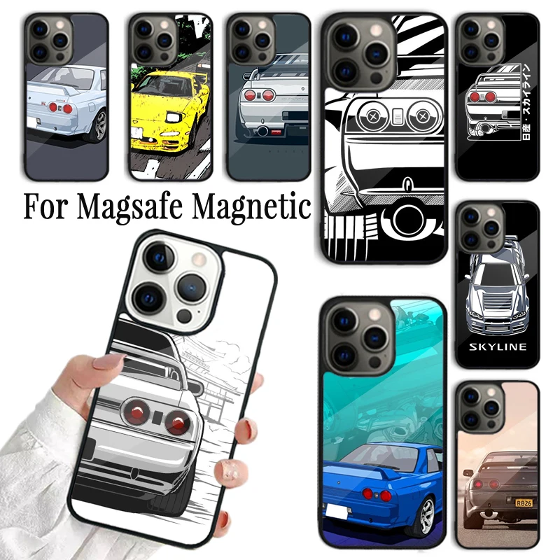 Coque Phone Case For iPhone 16 15 14 13 12 Mini 11 Pro Max Plus Magsafe Magnetic Wireless Charging Cover Skyline GTR R32