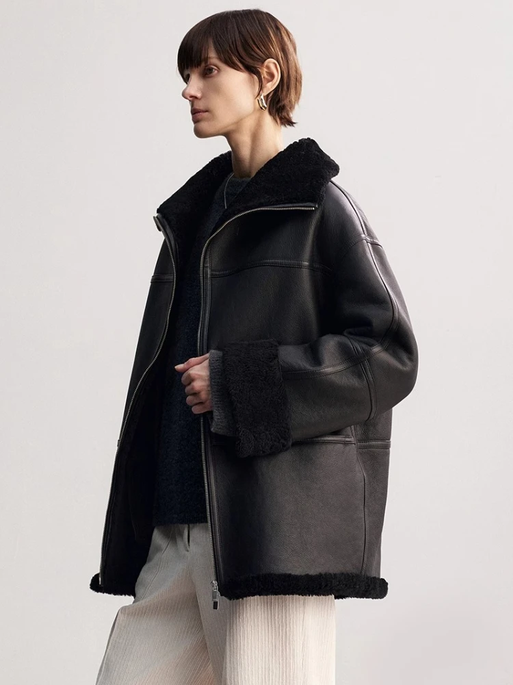 High-end Luxury Merino Sheep Fur Winter Motorcycle Jacket for Women 2025 Simple Classic Black Genuine Leather Real Lamb Fur Coat