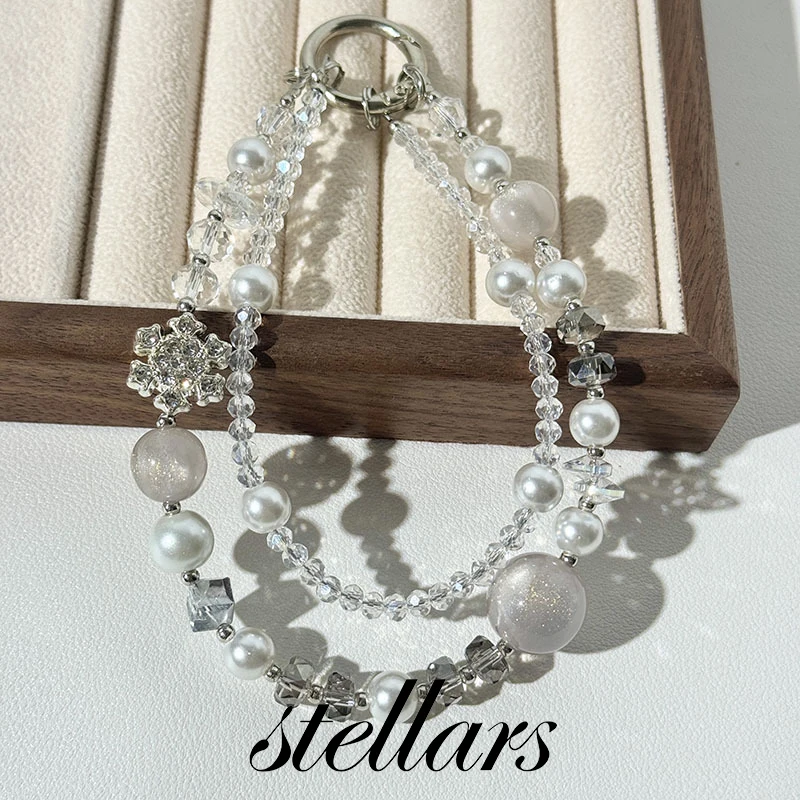 

Iridescent Bead Crystal Phone Chain Double-Layer Short Luminous Design with Original New Zircon Snowflake Girl Pendant