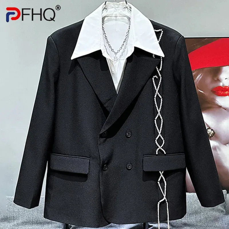 

PFHQ Men's Hot Diamond Blazers Chain Decoration Loose Niche Streetwear Temperament Double Breasted Suit Jackets Summer 21Z4519