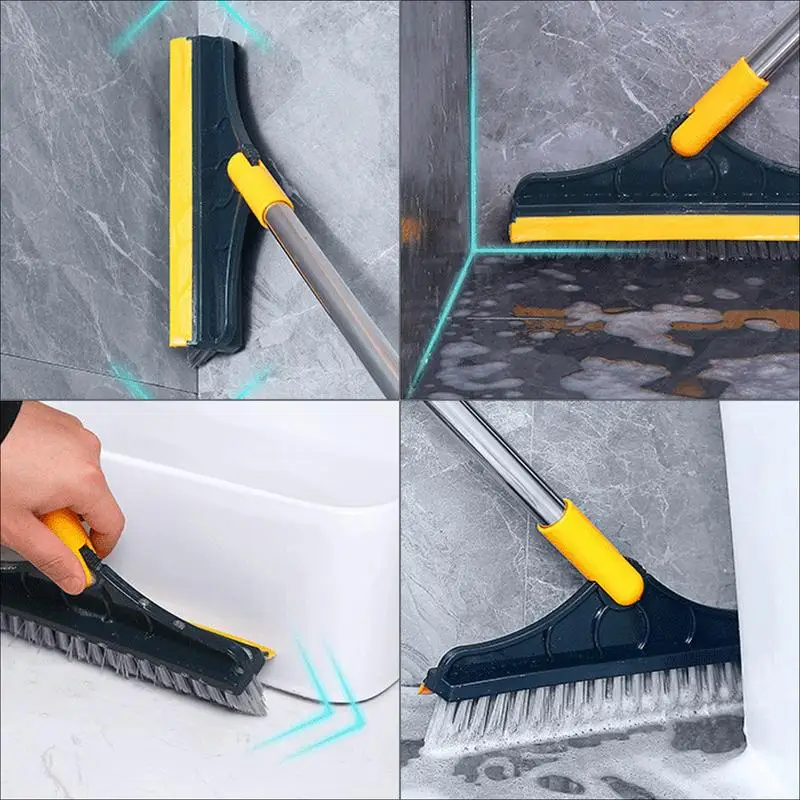 2 in 1 Cleaning Brush Long Handle Detachable Stiff Bristles Tile Scrubber Bathroom Wiper Bristle Window Squeegee Magic Broom