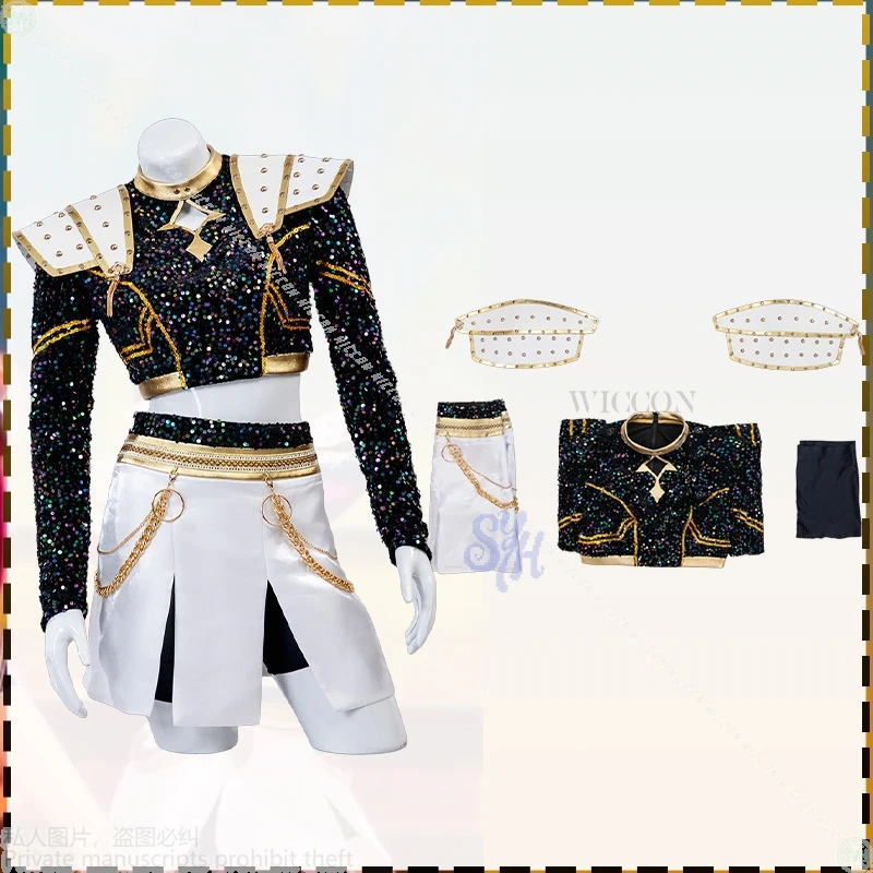 Huntrix Zoey Kpop شيطان تأثيري أنيمي للمسرح الذهبي موحدة معطف أسود أبيض فستان قصير Kawaii Jirai Kei الفتيات كوريا المعبود كوس