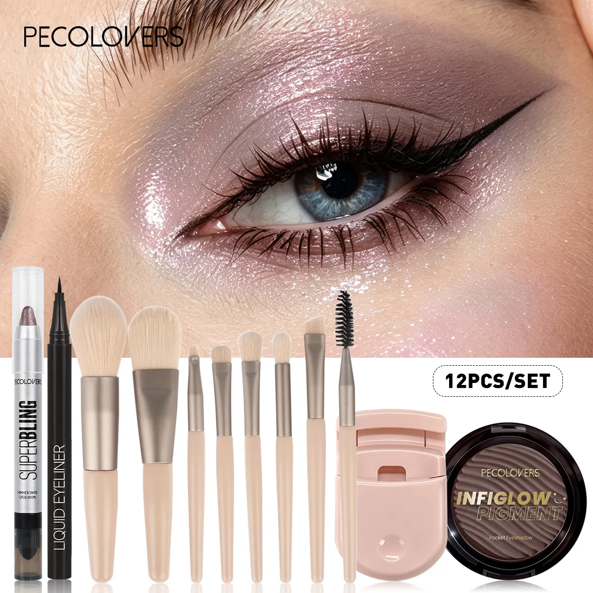 12pcs Eye Makeup Collection, Shimmer Eye Shadow, Liquid Eyeliner, Soft Eye Makeup Brushes, Daily Eye Beauty Cosmetic Set