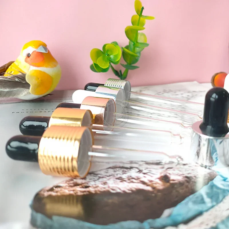 Atacado tampa conta-gotas brilhante tampa conta-gotas de vidro de alumínio pipeta de vidro transparente com cabeça de borracha para garrafa de vidro de óleo capa de maquiagem