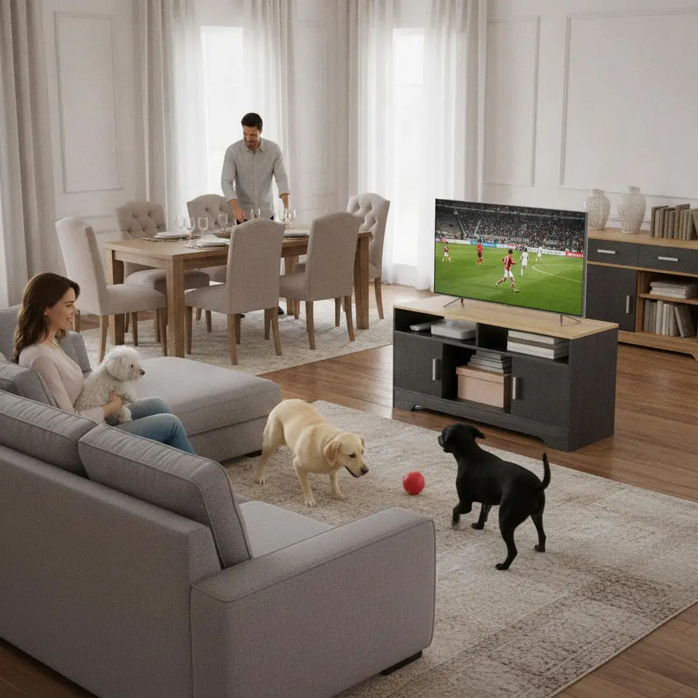 Meuble TV en bois avec niches, armoires à portes et armoire ouverte X X cm, effet bois noir