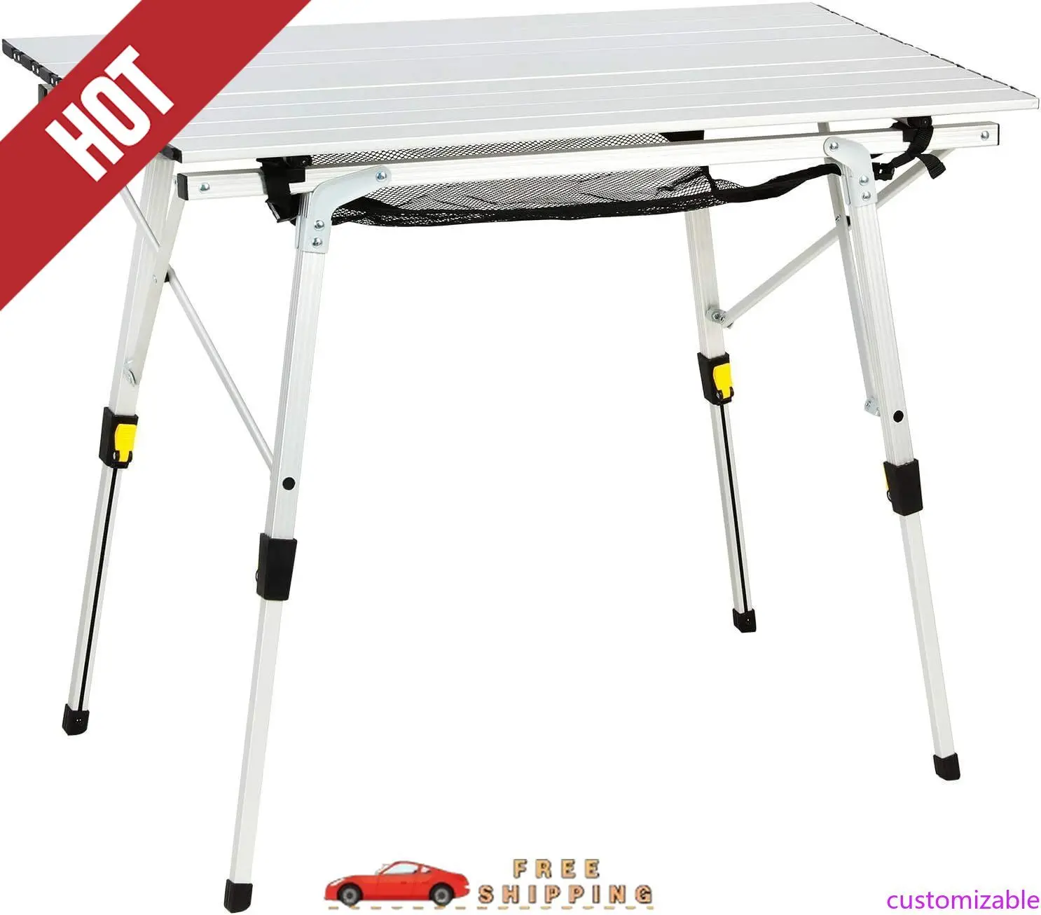 Customizable Outdoor Folding Portable Picnic Camping Table with Adjustable Height Aluminum Roll Up Table Top Mesh Layer, Silver