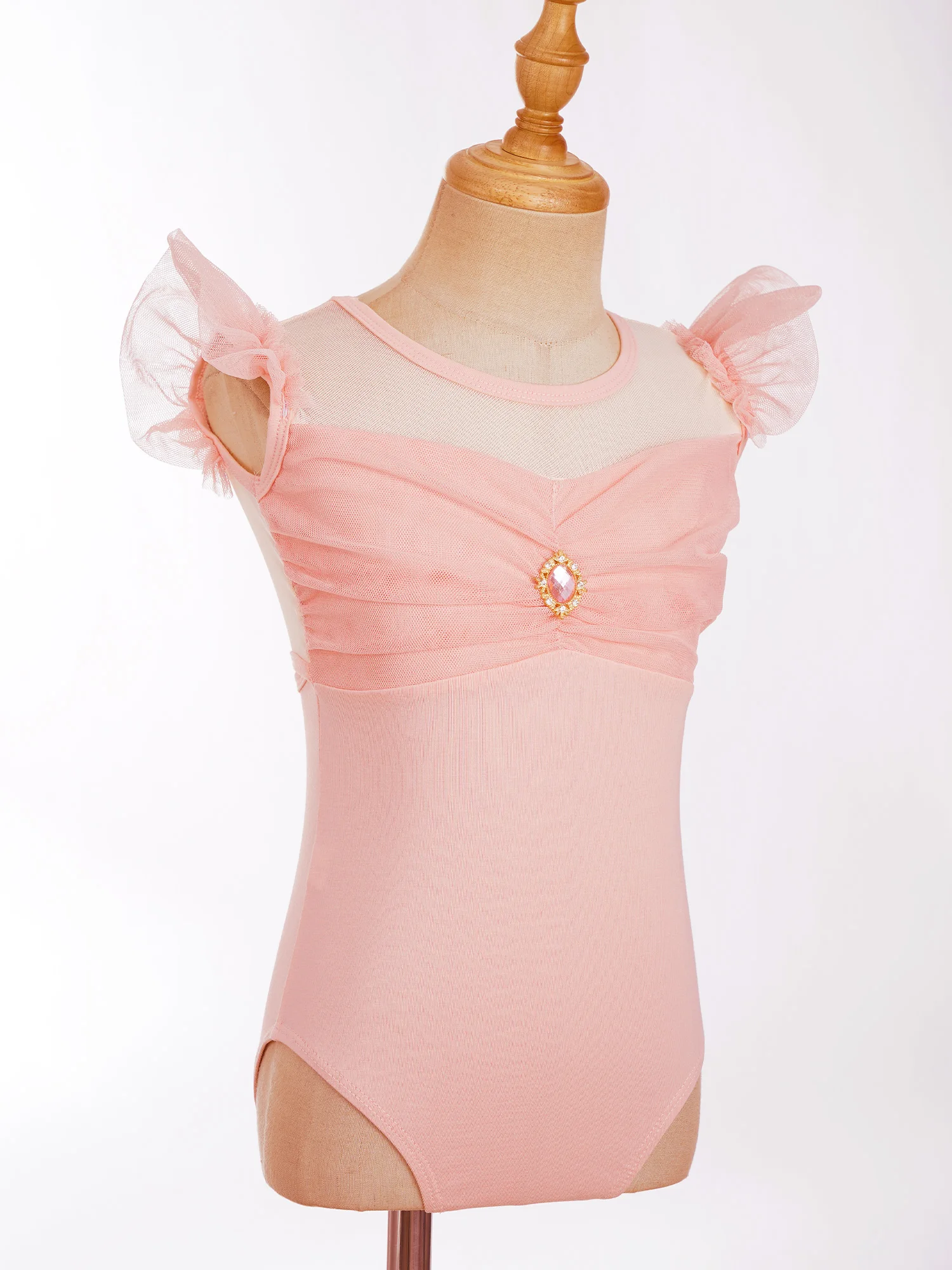 Kids Girls Ballet Leotard Cotton Ruffle Sleeve Ruched Mesh Patchwork Bodysuit for Ballerina Dance Gymnastics Workout Dancewear