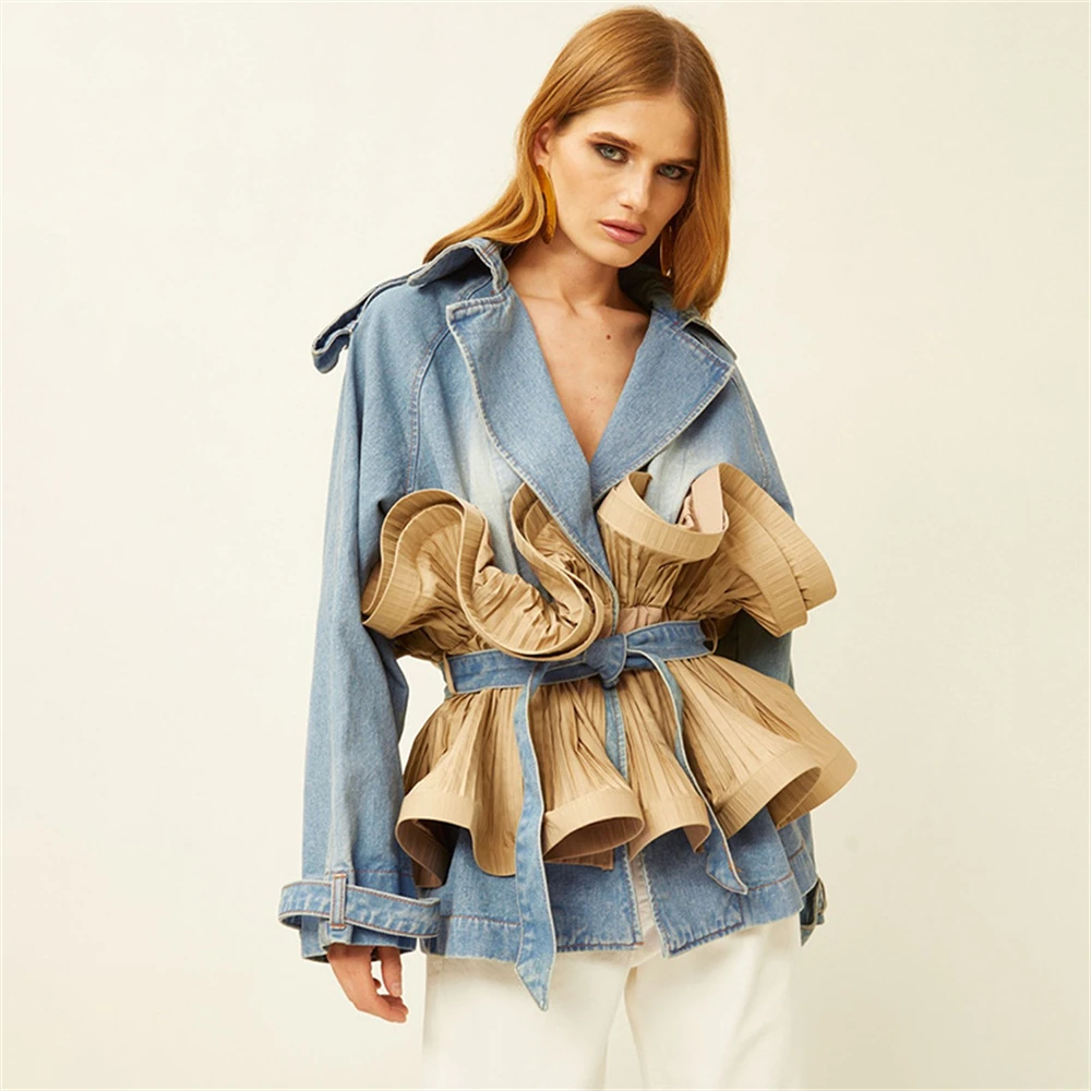 

Denim Jacket for Women 2024 Released Women's Autumn Coat Ruffle Design with Belt Loose Fit Fashion Top