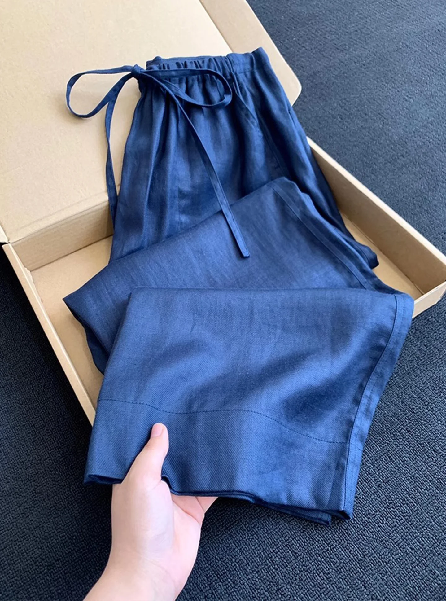 

Новые китайские синие льняные узкие широкие брюки, свободные ленивые дра, тонкие длинные брюки, повседневные прямые брюки-трубы