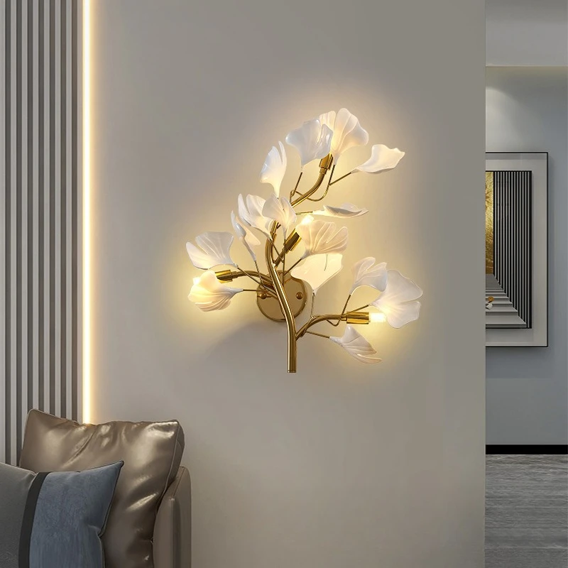 Nordic Ginkgo biloba Shade Wall Lamp LED Decor Sconce for TV Wall Flower leaf type frosted wall finished glass Sconce