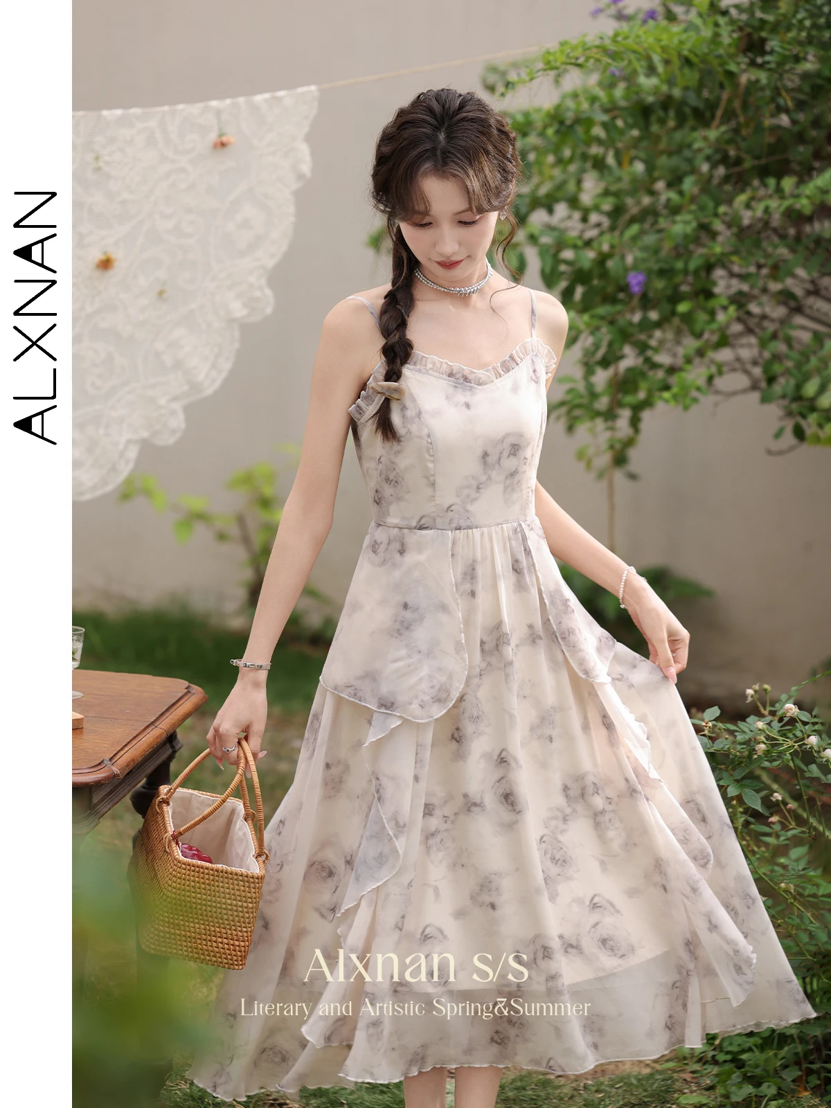 

ALXNAN Ruffled Strap Midi Dresses for Women 2024 Spring Summer Print Beach Holiday Elegant Temperament Slip Lady Dress L33952