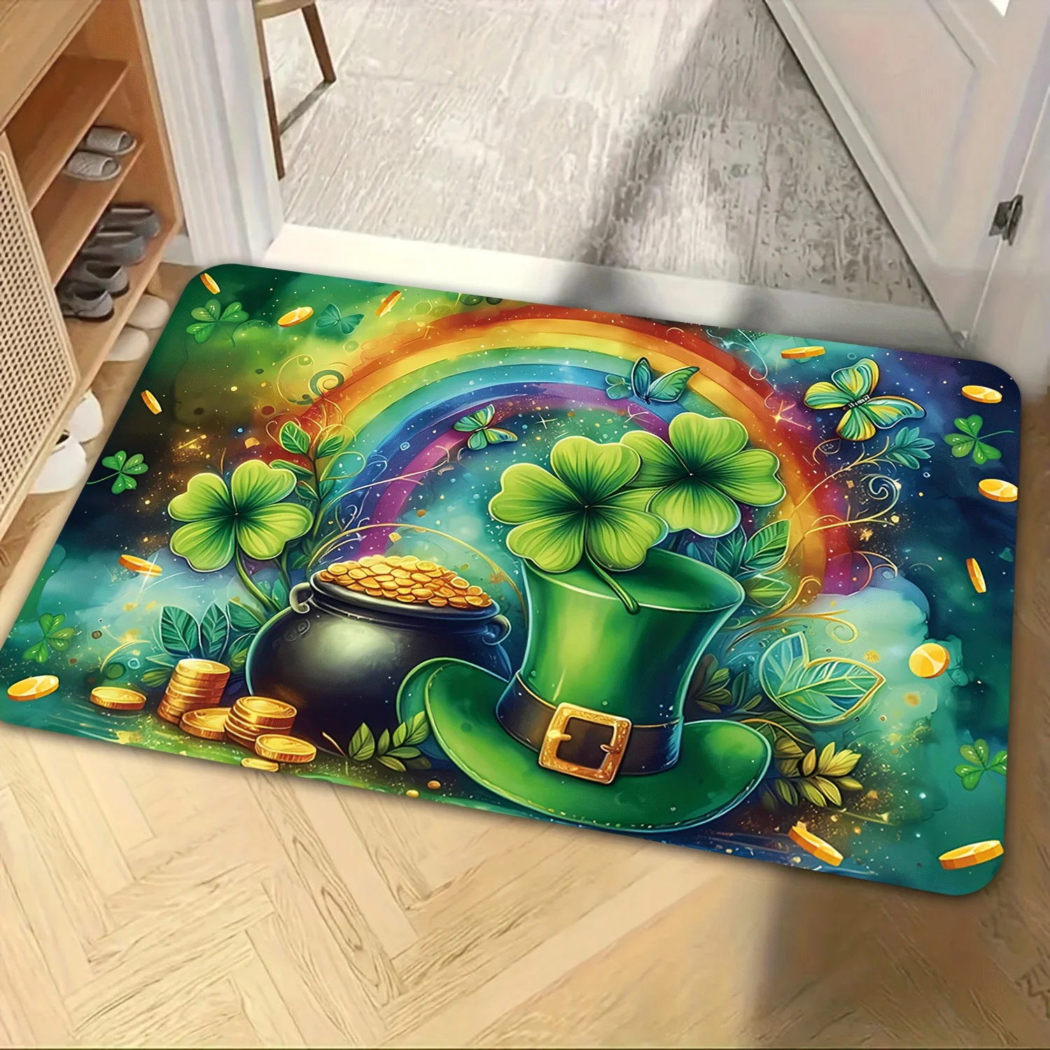 A Green Four-Leaf Clover And Hat Patterned Carpet for St. Patrick'S Day, a Cheerful Party Entrance Decoration Mat, Made of Sof